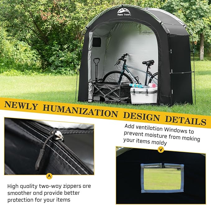 Happy Travel Bike Storage Shed Tent, Waterproof Portable Bicycle Cover with 30% More Top Storage Space for 2/3/4/5 Bikes,Clips Easy Setup Outdoor Sheds Shelter for Motorcycle, Garden Tools, Lawn Mower