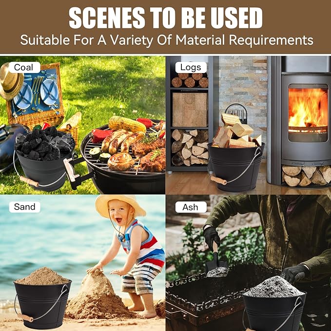 BRIAN & DANY Mini Ash Bucket with Lid and Shovel, 1.3 Gallon Fireplace Bucket with Broom, Ash Can for Fireplace, Ashes, Fire Pit, Wood Burning Stove