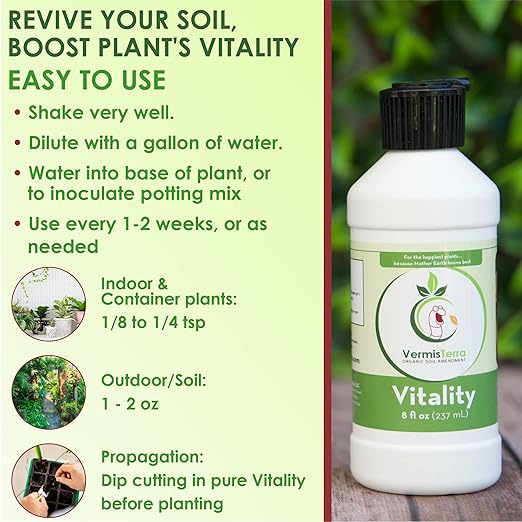 VermisTerra Vitality 8 oz - Houseplant and Indoor Plant Food, Mother Earth's Balanced Fertilizer, Organic, Root Cuttings, No Harmful Chemicals, will not burn plants, Lush Growth. No Odor, Reduce Shock