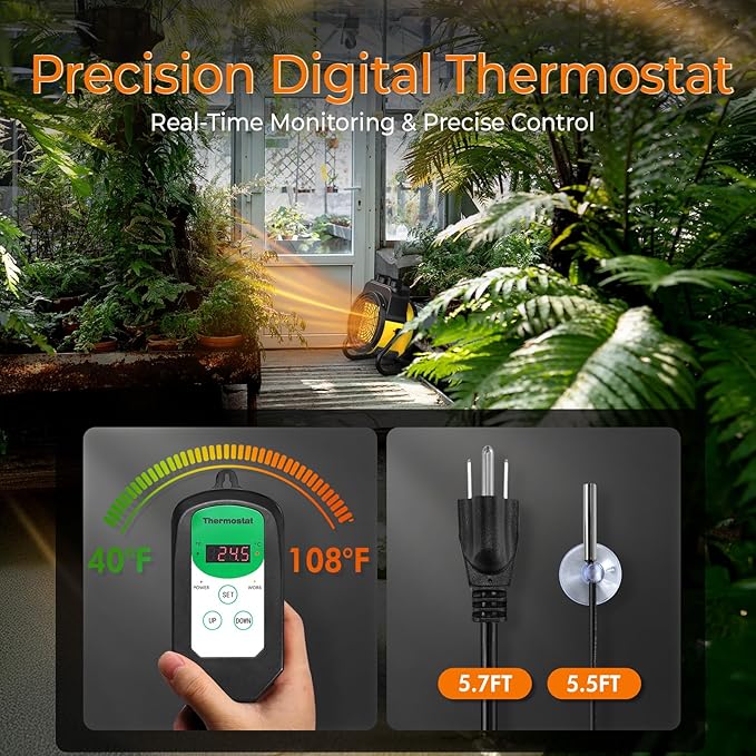 TRUSTECH Greenhouse Heater with Digital Thermostat, 1500W Small Outdoor Space Heater, 3S Heating & 3 Modes, 90° Tilt, Overheat Protection, Tent Heater for Camping, Grow Tent, Patio, Garage, Indoor