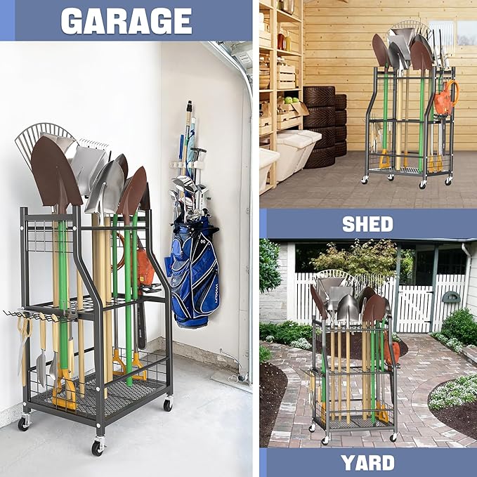 WALMANN Garden Tool Organizer with Wheels for Garage, Rakes/Shovels/Yard Tools Storage Stand for Garden, Shed, Indoor/Outdoor Long-Handled Tools Rolling Cart