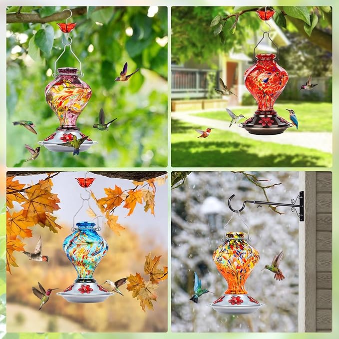Hummingbird Feeder, BOLITE Glass Hummingbird Feeders for Outdoors Hanging, Hand Blown Twisted with Ant Moat and Five Feeding Ports, 24 Ounces, Leak Proof, Blue, Gifts for Women Men, Gifts for Mom Dad