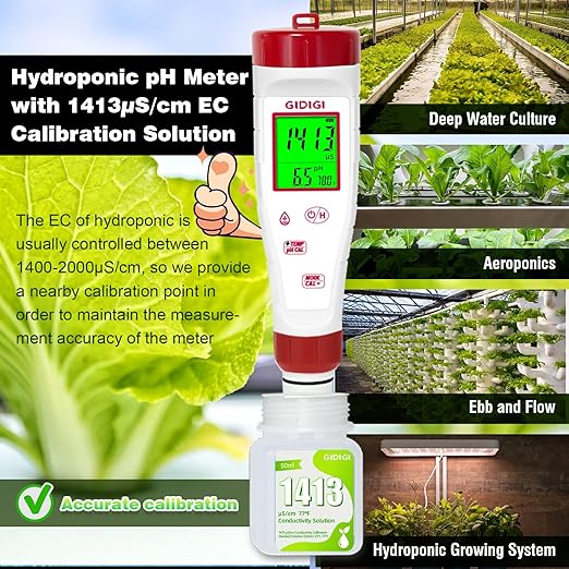 pH Meter for Hydroponic Water,Digital EC ppm Tester for Nutrients,pH TDS Reader 4 in 1 with 1413 μs/cm Calibration Solution,High-Sensitivity Backlit Display for Drinking Water,DWC,Indoor Plants