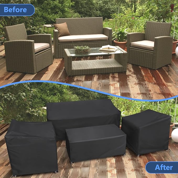 STARTWO Patio Furniture Covers, 4 Piece Heavy Duty Waterproof Outdoor Furniture Cover Set for Rattan Wicker Couch Chairs,Windproof Buckle Strap,Black