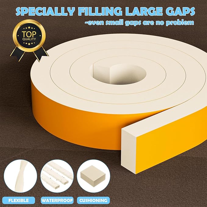 1"×2" EVA Foam Strips with Adhesive Weather Stripping Tape Larger Foam Weather Stripping Strip for Large Gap Insulation (1"×2",6.5FT,White)