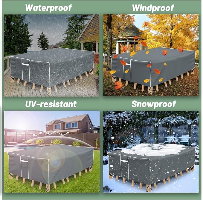 Gasadar Square Patio Furniture Covers, Waterproof Outdoor Furniture Cover for Outdoor Dining Table Set, 600D Heavy Duty, 98" L x 98" W x 29" H, Grey