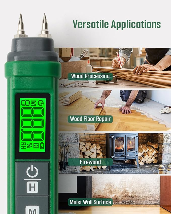 Wood Moisture Meter, TESMEN TWM-186 Portable Pen Moisture Meter, Pin-Type Humidity Tester with 2 Modes, 7 Calibration Scales for Wood, Firewood, Lumber, Bricks, Floors, Walls - Green