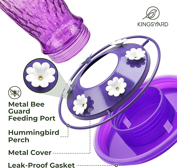Kingsyard Hummingbird Feeders for Outdoors Hanging, 24 Ounce, Glass Hummingbird Feeder with Ant Moat & 6 Bee Guard Feeding Ports, Leak-Proof, Pink & Purple