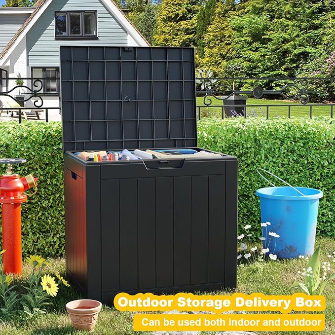 32 Gallon Resin Deck Box Waterproof, UV Resistant Outdoor Storage Box for Delivery, Porch, Patio and Garden, Stripe Black