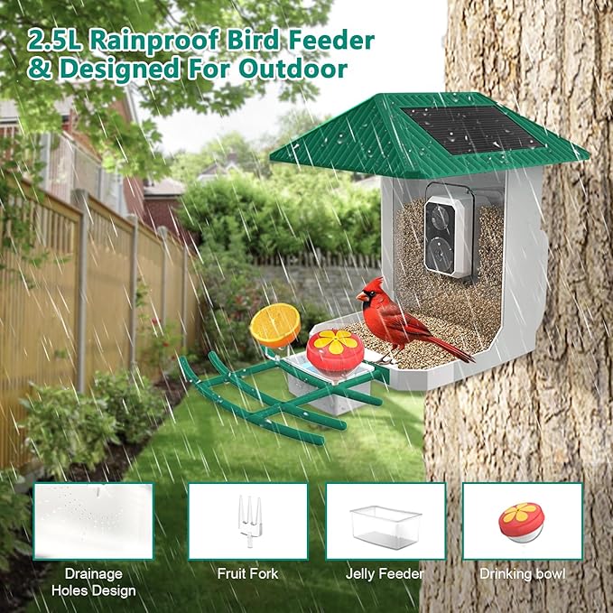 2.5K Smart Bird Feeder with Camera, 5GHz &2.4GHz Birds Watching Camera with AI Identify Bird Species, Outdoor Birds Feeder House with Solar Panel for BirdLovers (Green)