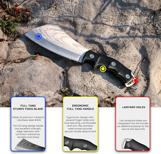 11 Inch Hatchet with Sheath, Small Compact Machete Axes, Fixed Blade Full Tang Camping Tactical Knife for Woodworking, Garden Machete Axe with Sheath for Bushcraft Yards Bushes Wood, A4SL