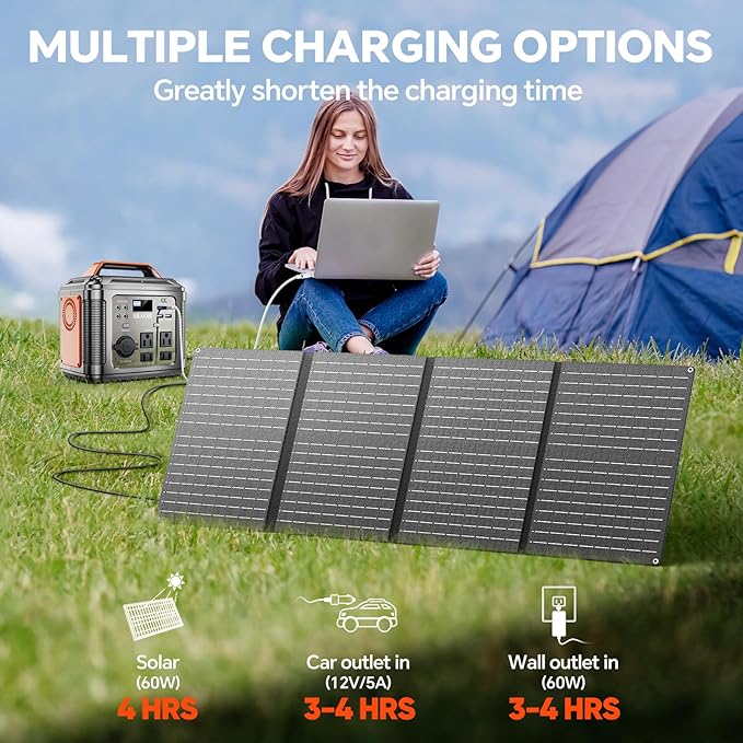 Portable Power Station, 300W 296Wh Solar Generator Quick Charge / 110V AC Outlets/DC Ports and LED Flashlight, solar panel 60W for Home Outdoor Travel Camping Blackout