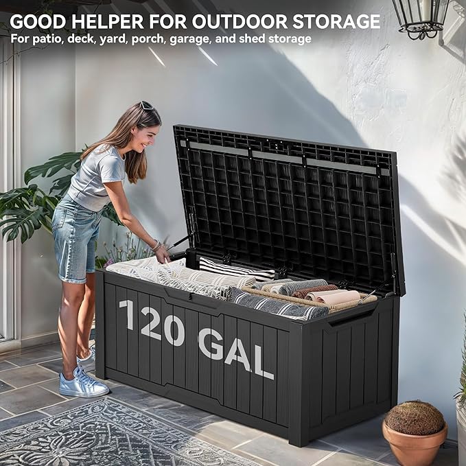 YITAHOME 120 Gallon Resin Deck Box, Weather Resistant Outdoor Storage Box for Patio Cushions, Garden Tools, Pool Supplies, Lockable, Easy Assembly, Extra Seat or Table (Dark Gray)