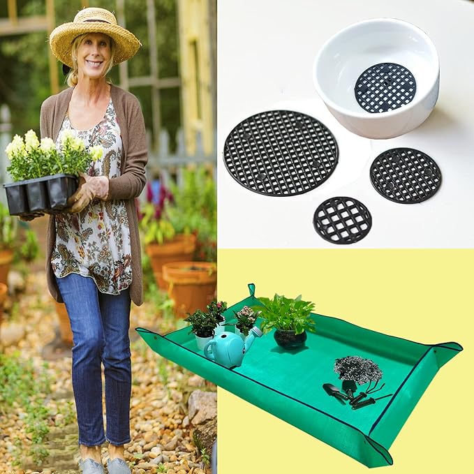Plant Repotting Mat for Indoor Plants Potting Soil, 43" X 29" Large Plant Repotting Potting Tray, Portable Potting Mat Gardening Tray for House Plants Succulents, with 15 Pieces Pot Hole Mesh Pads