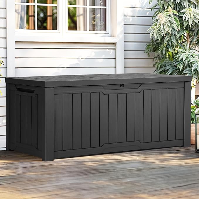 YITAHOME 120 Gallon Resin Deck Box, Weather Resistant Outdoor Storage Box for Patio Cushions, Garden Tools, Pool Supplies, Lockable, Easy Assembly, Extra Seat or Table (Dark Gray)