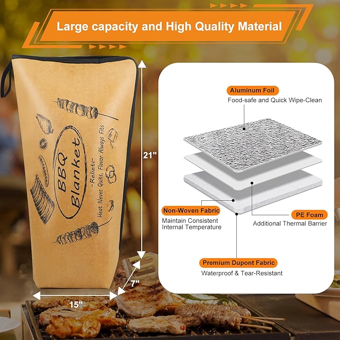 BBQ Blanket for Resting Meat, Brisket Blanket - 21 inch Reusable Meat Insulated Blanket with Wide-Mouth Design fits Large Briskets/Pork Shoulders/Turkeys/Beef, Grilling Gifts for Men
