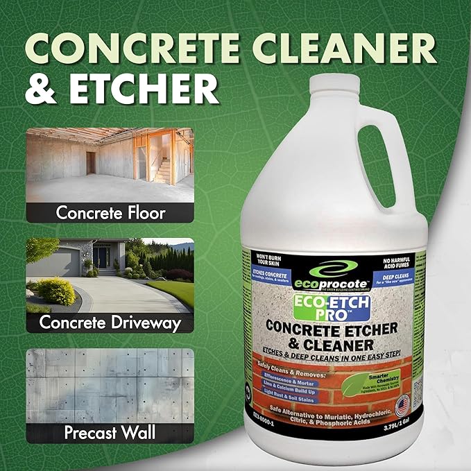 Eco Etch Pro Concrete Cleaner & Etcher Dissolver - Efflorescence, Rust & Dirt Remover from Brick, Driveway, Garage - Gentle Substitute for Citric & Muriatic Acid - Non-Toxic & Safe - 1 Gallon