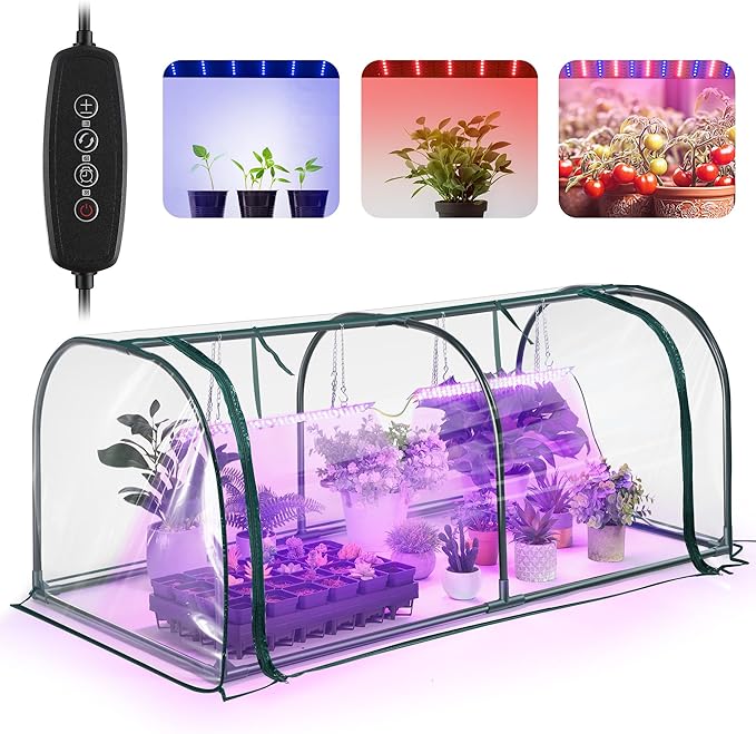 Meonum Indoor Greenhouse with Grow Lights, 51.18 "L x 25.59" W x 21.65" H Small to Medium Portable Greenhouse with 13W Dual Growing Lamps, PVC Film, Timing Function, for Seed Starting