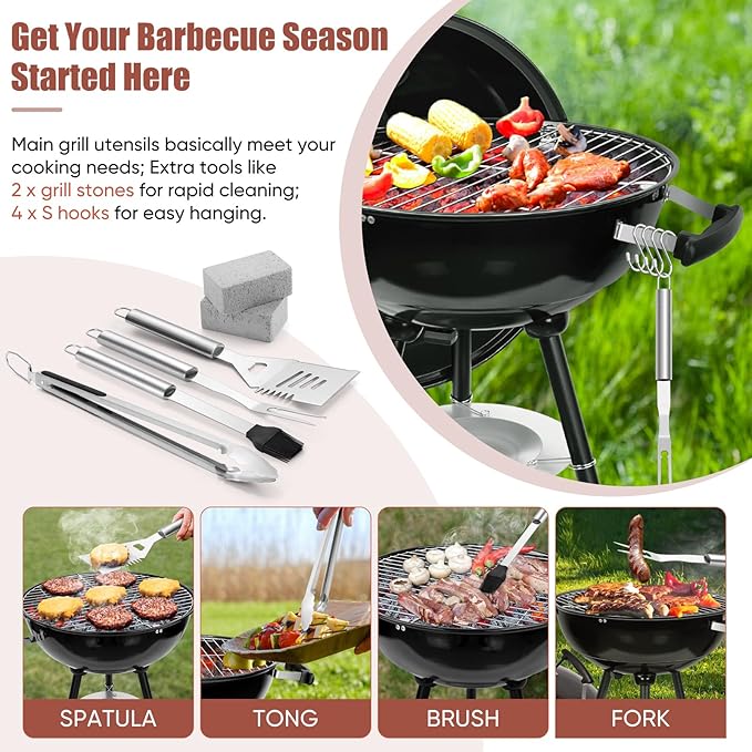 18 Inch Charcoal Grill, HaSteeL 2-In-1 Kettle Outdoor Barbecue Grill, Portable Black BBQ Grill for Camping/Backyard/Patio/Picnic, Porcelain-Enameled Lid & Fire Bowl, 254.SQ.IN Cooking Area, 13-Piece