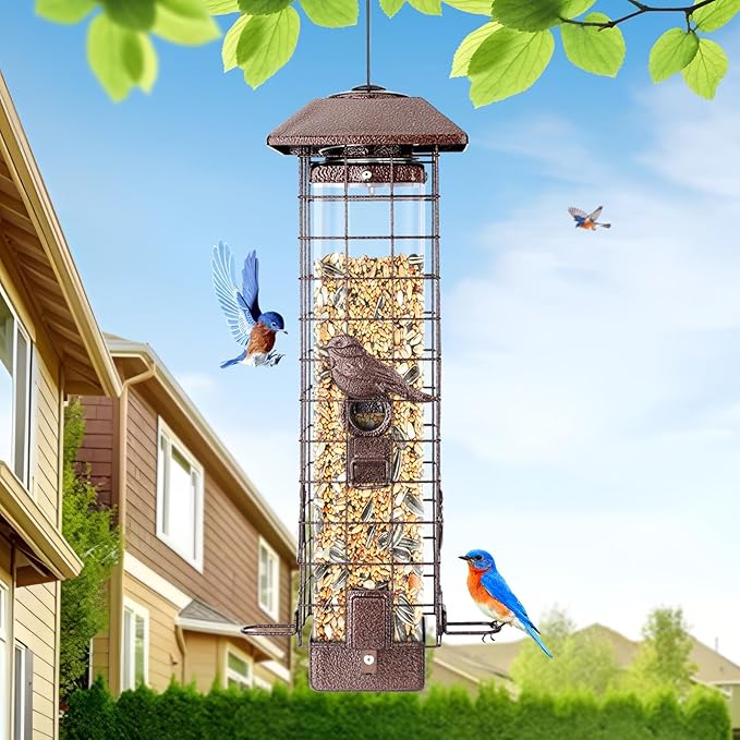 Squirrel Proof Bird Feeder for Outdoors Hanging, Gravity Protection Metal Wild Bird Feeder, 3LB Large Capacity, 4 Ports, Cardinal, Chickadee, Durable & Weatherproof, Ideal for Backyard