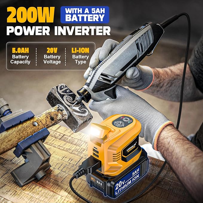 200W Power Inverter Compatible with Dewalt 20V Max, Battery Inverter DC 20V to AC 110V-120V, Portable Power Adapter with a 5AH Battery & a Charging Station & 2 USB-A & 1 Type-C & 1 AC Outlet