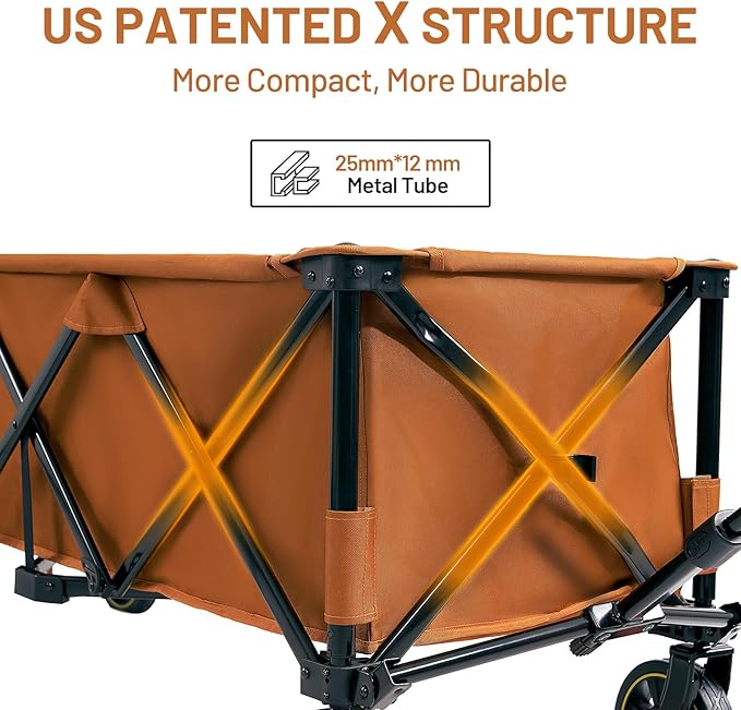 Timber Ridge 51.2'' Extended Collapsible Wagon Cart with Brakes and Cargo Net, 500LBS Heavy Duty Foldable Utility Wagon with Adjustable Handle, 400L Capacity Portable Cart for Camping Sports, Orange