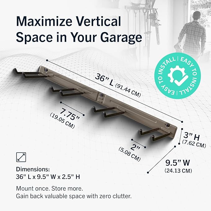 StoreYourBoard Wall-Mounted Rack With 4 Garage Hooks – Heavy-Duty Steel Holder Garage & Garden Storage for Shed, Workshop, or Home Organization – For Rakes, Shovels, Tools & More – 1 Pack, Mud