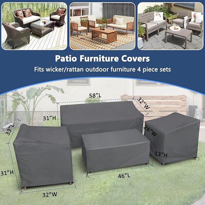 STARTWO Patio Furniture Covers 4 Piece Set, Heavy Duty Waterproof Outdoor Furniture Cover for Rattan Wicker Conversation Set,Grey,Large