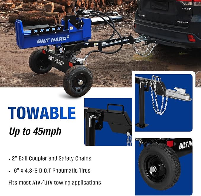 BILT HARD 25-Ton Horizontal/Vertical Gas Powered Log Splitter, Hydraulic Log Splitter with 8 HP 223cc 4-Cycle OHV Engine, 2" Ball Coupler, Safety Chains, Towable Wood Splitter for Firewood Splitting