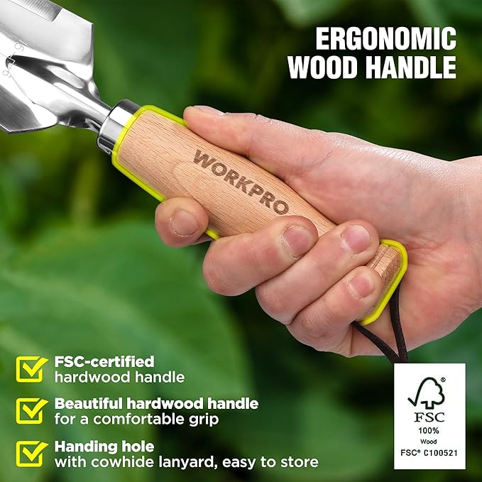 WORKPRO Garden Trowel with Wood Handle, Stainless Steel Narrow Hand Shovel, Multi- Use Flat Garden Trowel for Planting, Weeding, Transplanting, Digging, Small Weeding Knife for Gardening