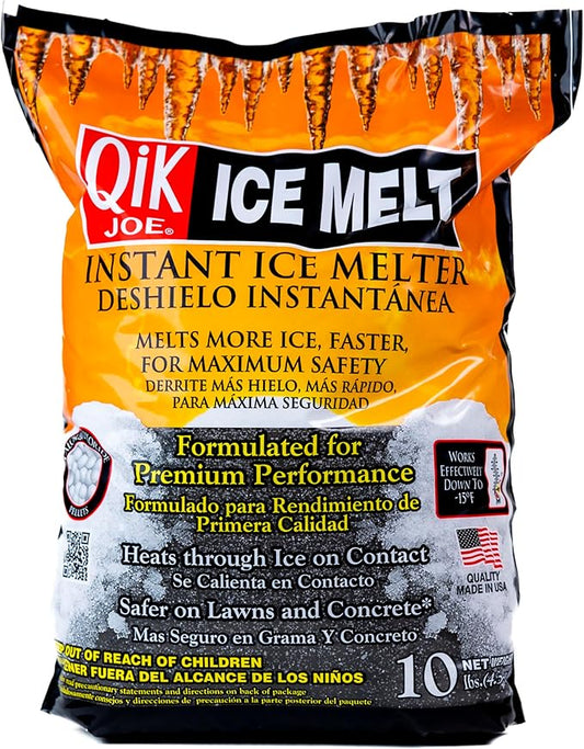 Qik Joe Calcium Chloride Ice Melt - Instant Snow and Ice Melt for Sidewalks, Driveways, Steps, and Parking Lots - Deicer for Concrete, Asphalt, and Other Surfaces - 10 Lbs