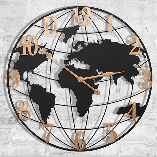Large Outdoor Clock, 24 Inch Big Metal Wall Clock Silent Battery Operated, Retro World Map Decorative Clock for Farmhouse, Kitchen, Living Room, Pool Area, Patio (Black - Bronze Arabic)