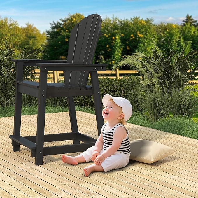 Outdoor Tall Adirondack Chair, HDPE Weather Resistant Outdoor Chair for Garden, Backyard, Poolside, Capacity 400LBS (2 PCS, Black)