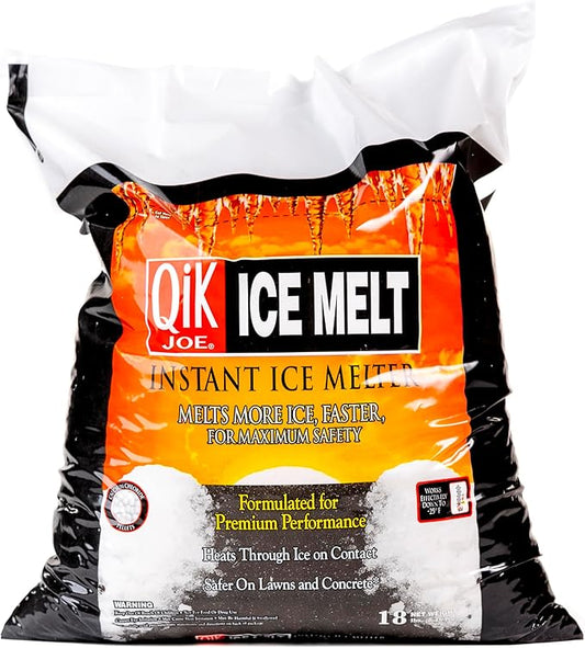 Qik Joe Calcium Chloride Ice Melt - Instant Snow and Ice Melt for Sidewalks, Driveways, Steps, and Parking Lots - Deicer for Concrete, Asphalt, and Other Surfaces - 18 Lbs