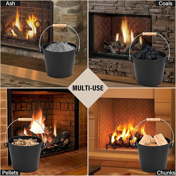 FEED GARDEN Mini Ash Bucket with Lid,Shovel,Broom and Screwdriver, 1.3 Gallon Galvanized Iron Coal Bucket for Fireplace Fire Pits Wood Stoves Indoor Outdoor,Black