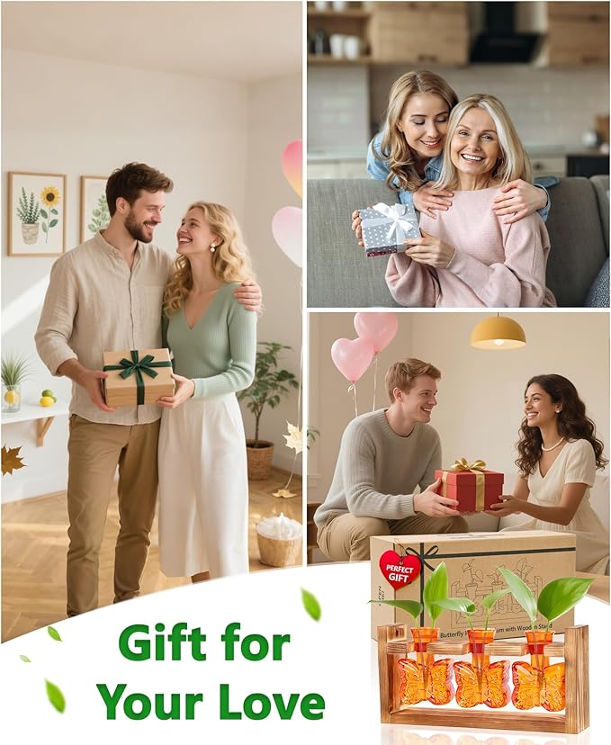 Nacome Plant Terrarium with Wooden Stand,Butterfly-Shaped Glass Vase Planter Propagation Station for Home Office Decor,Unique Gifts for Plant Lovers Women Mom(Orange)