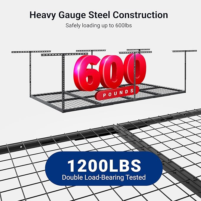 FLEXIMOUNTS 4x8 Overhead Garage Storage Rack, Adjustable Organization System, Heavy-Duty Metal Ceiling Racks, 750lbs Weight Capacity, Black