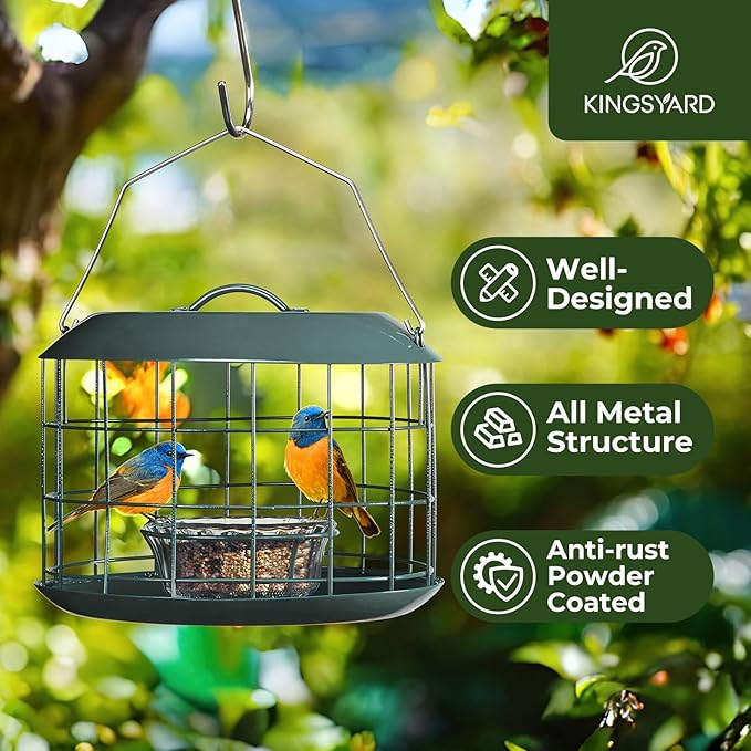 Kingsyard Bluebird Feeders for Outdoors Hanging, All Metal, Cage Bird Feeder with Tray, Squirrel Proof & Weatherproof, Easy to Refill & Clean (Green)