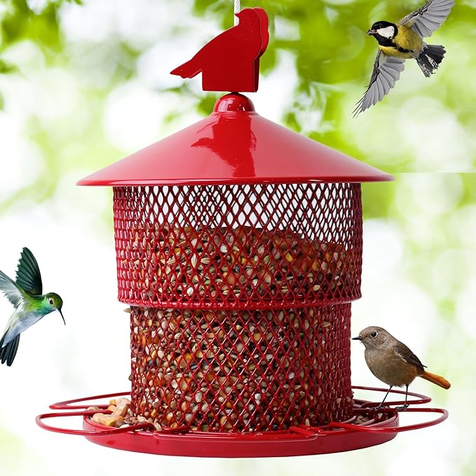 Metal Bird Feeder for Outside Hanging, Bird Feeders Squirrel Proof, 4 Lbs Large Capacity Tube Iron Mesh Wild Birdfeeder for Outdoor Finch Cardinal Chickadees -Red