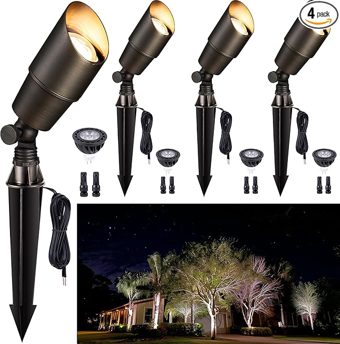 Brass Landscape Lighting - Outdoor Low Voltage Spotlights LED, 12V Wired Uplights, Waterproof Spot Lights, Antique Bronze for Outside Trees with 5W 5000K Daylight MR16 Bulb (4 Pack)