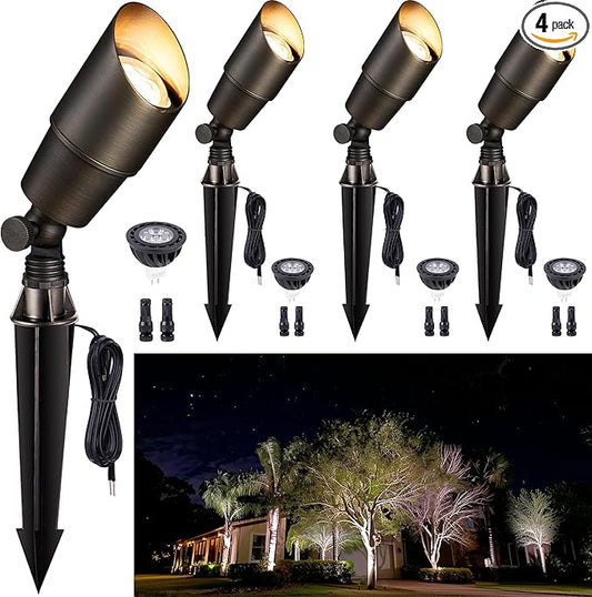 Brass Landscape Lighting - Outdoor Low Voltage Spotlights LED, 12V Wired Uplights, Waterproof Spot Lights, Antique Bronze for Outside Trees with 5W 5000K Daylight MR16 Bulb (4 Pack)