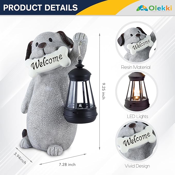 Solar Dog Statues for Garden Decor - Outdoor Dog 9.2in Figurines with Solar Lantern for Yard Patio Lawn Balcony Ornaments - Garden Gifts for Mothers Day, Grandma, Easter