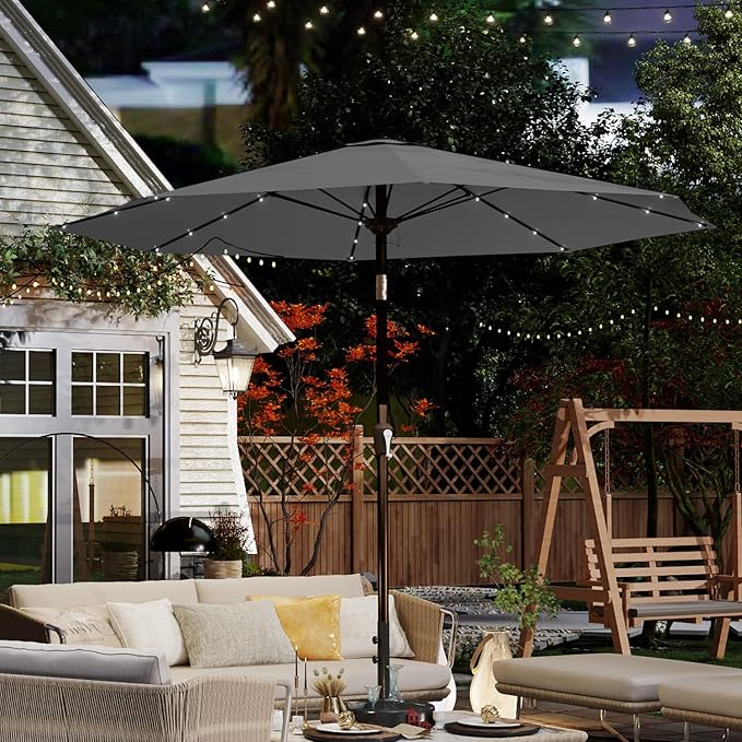 10FT Solar Umbrella 32 LED Lighted Patio Umbrella Table Market Umbrella w/Tilt and Crank, UV-Resistant Outdoor Umbrella for Pool, Garden, Deck, Gray