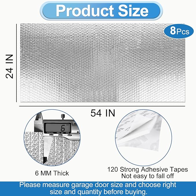 ToLanbbt Garage Door Insulation Kit 8P Double Bubble Window Heat Insulation Panels, 6MM 24" x 54" Reflective Aluminum Foil Summer/Winter Barrier Sheets with 120 Adhesive Tapes for Garage Attic Wall