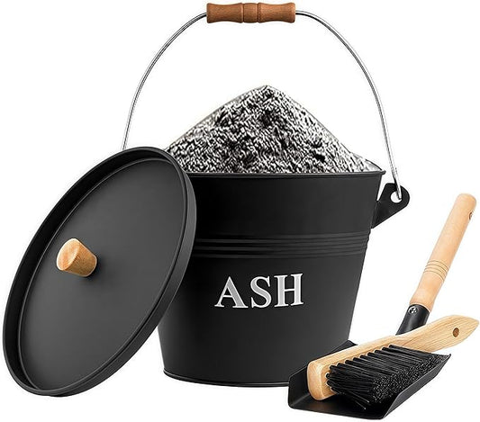Ash Bucket with Lid Shovel and Hand Broom, 1.5 Gallon Fireplace Metal Bucket Reinforced Base & Ash Can, Fire Pit,Wood Burning Stove for Fireplace, Galvanized Iron Tool Set Accessories