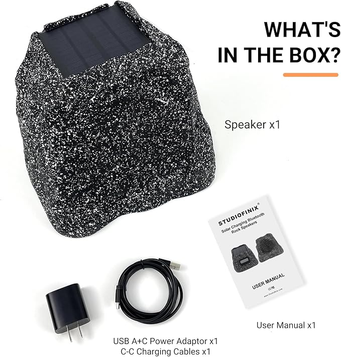 STUDIOFINIX 8" Outdoor Rock Speaker Waterproof Bluetooth Wireless Solar Powered with Rechargeable Battery for Patio, Deck, Pool, Garden(Single, Gray)