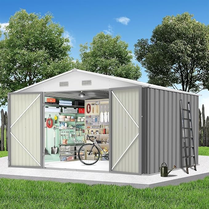 Garvee 7.5 x 8.5 FT Outdoor Storage Shed, Waterproof Utility Shed Storage with Lockable Door Design with Sloped Roof, Metal Shed Galvanised Steel Garden Shed for Backyard Garden Patio Lawn, Gray