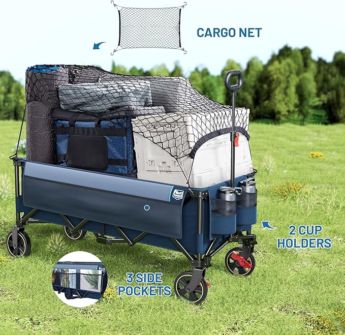 TIMBER RIDGE 51.2'' Extended Collapsible Wagon Cart with Brakes and Cargo Net, 500LBS Heavy Duty Foldable Utility Wagon with Adjustable Handle, 400L Capacity Portable Cart for Camping Sports Shopping