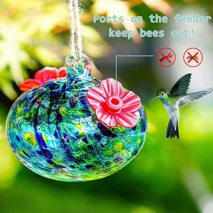 3.3OZ Glass Hummingbird Feeder with 2 Feeding Ports Blown Glass Hummingbird Feeder for Outdoors Hanging Garden Patio Decoration Uniques Gifts for Women