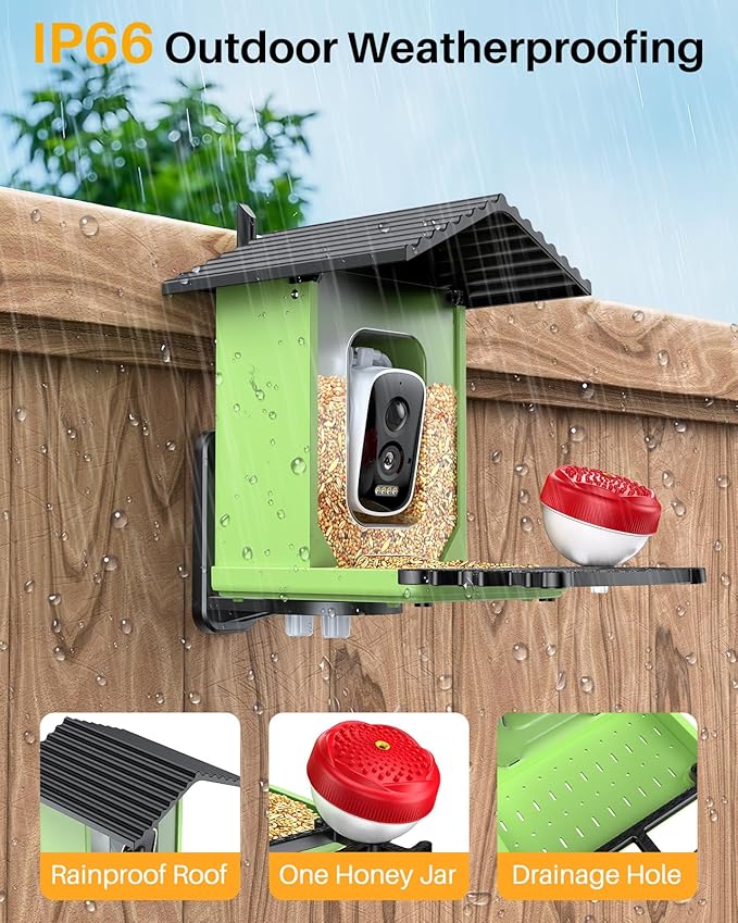 Bird Feeder with Camera, 2K HD AI Identify Smart Bird House Camera with Solar Powered, Live View, Instant Arrival Alerts, Auto Capture Video for Outside, Supports 2.4GHz Wi-Fi Only, Green